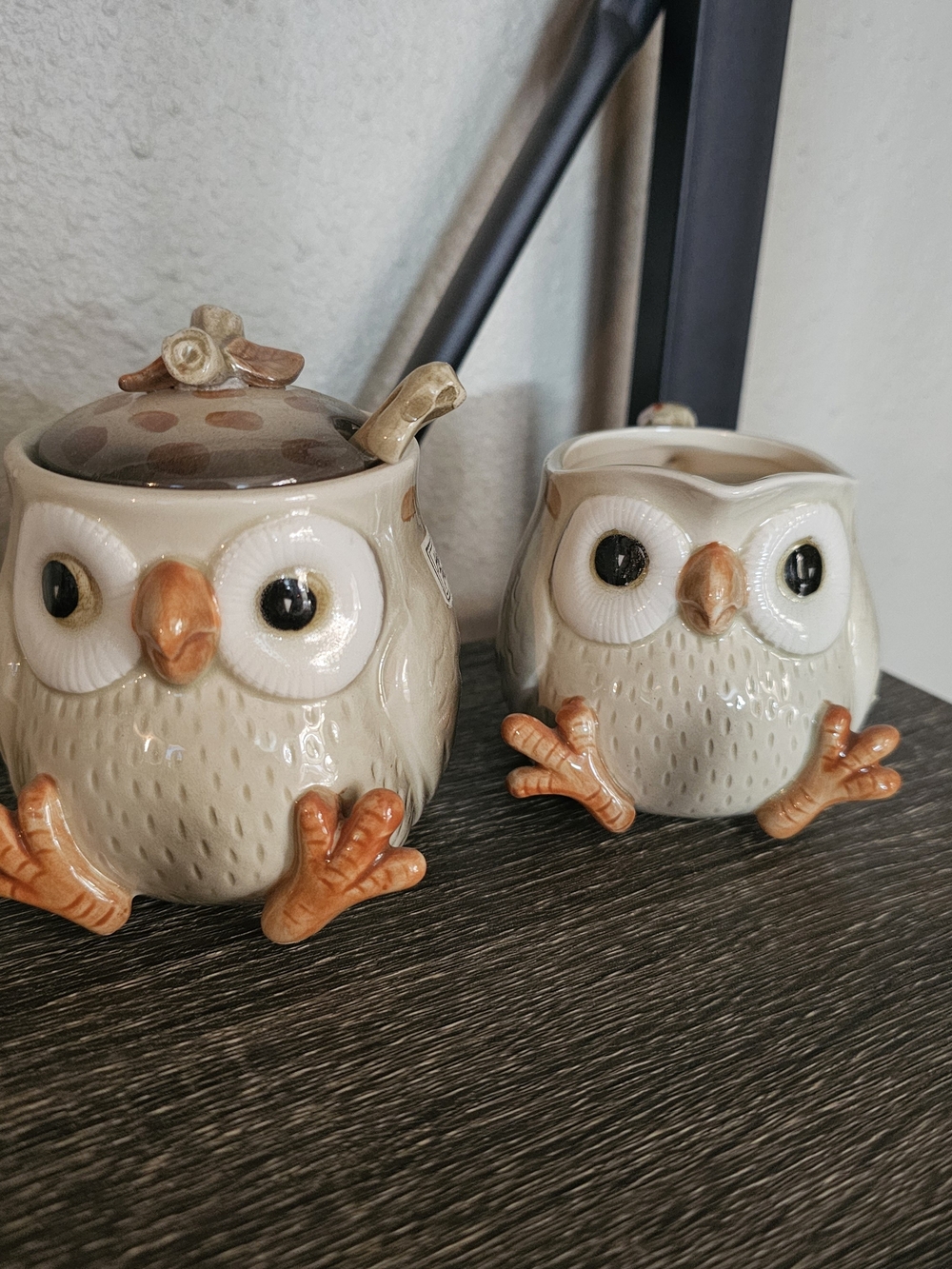Fitz and Floyd Ceramic Owl Cream and Brown Sugar and Cream Set